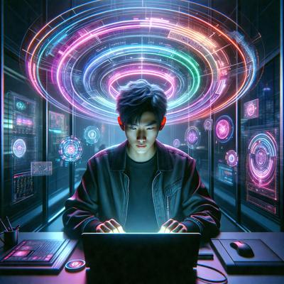 The primary subject of the image is a young man sitting at a desk, using a laptop computer. The setting is a futuristic environment, with a backdrop of neon lights and a computer screen. The visual style is a digital art or illustration, creating a vibrant and colorful atmosphere. The colors and mood of the image are predominantly bright and energetic, with the neon lights adding a sense of excitement and innovation to the scene.